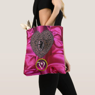 BOLSA TOTE CORAÇÃO DE RENDAS PRETO CUPIDO LACÊ ROSA FÚCSIA MO