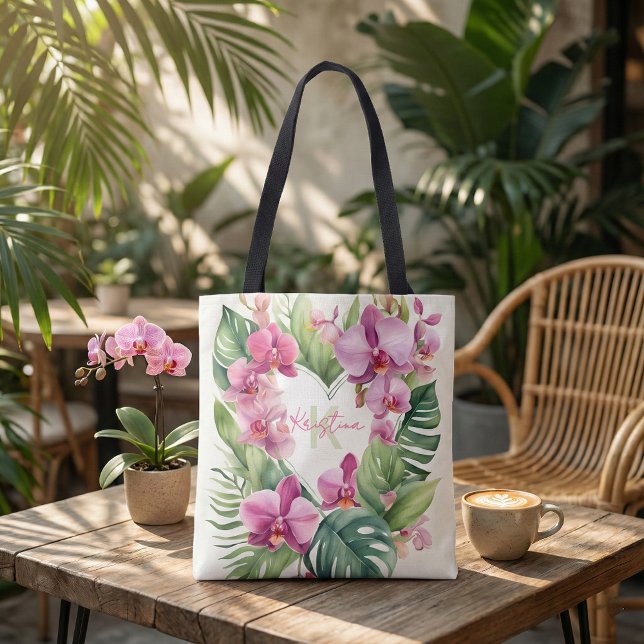 Bolsa Tote Coração Floral Aquarela de Orquídea Tropical Exóti (Criador carregado)