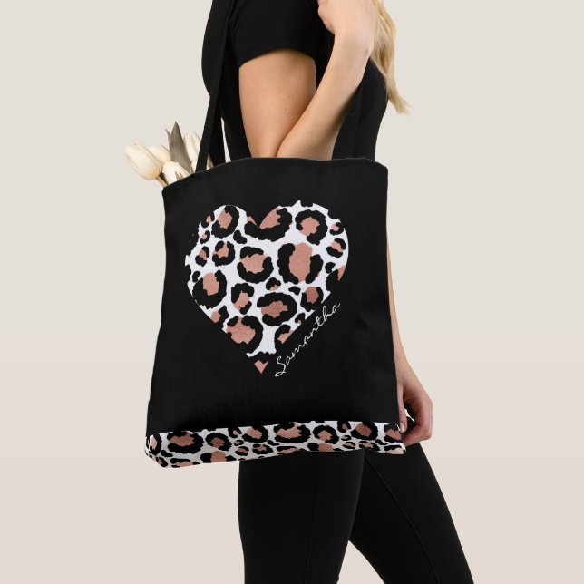 Bolsa Tote Coração Leopardo Negro Elegante (Close Up)