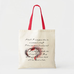 Bolsa Tote Coração Metálico com o soneto de Shakespeare 18