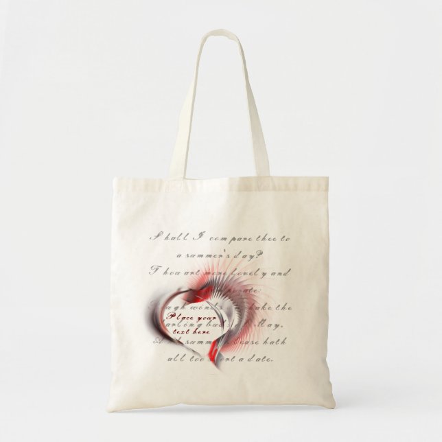 Bolsa Tote Coração Metálico com o soneto de Shakespeare 18 (Frente)