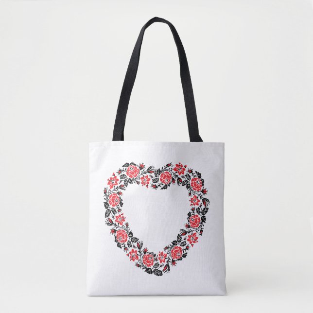 Bolsa Tote Coração original de flores rosas vermelhas cruzes (Frente)