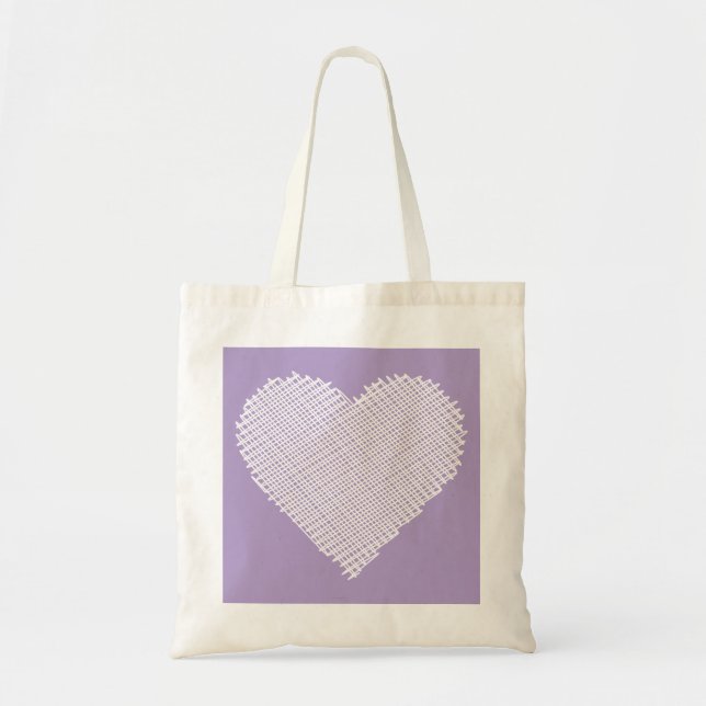 Bolsa Tote Coração Rabiscado Branco em Fundo Roxo (Frente)