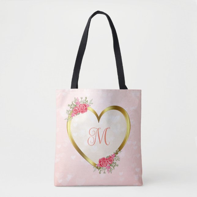 Bolsa Tote Coração rosa e Ouro personalizado (Frente)