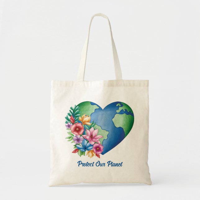 Bolsa Tote Coração Terra do Planeta de Texto Personalizado (Frente)