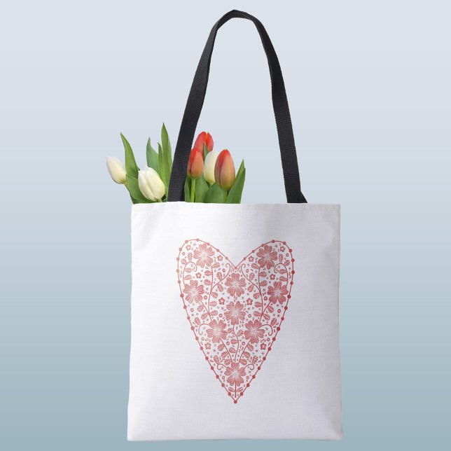Bolsa Tote Coração - Vermelho Escandinavo Branco (Scandinavian red and white heart tote bag)