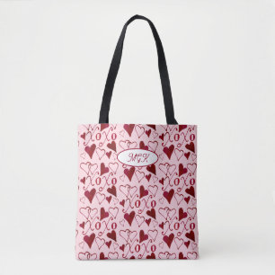 Bolsa Tote Coração XO ilustrado à mão em rosa no Dia dos Namo