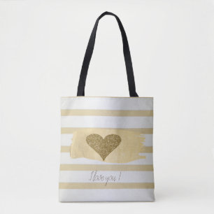 Bolsa Tote Corações Adoráveis com Brilho Dourado Listras - Eu