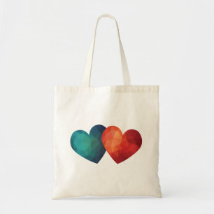 Bolsa Tote Corações azuis e vermelhos, design geométrica mode
