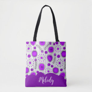 Bolsa Tote Corações brancos, roxos, brancos, flores nome flor