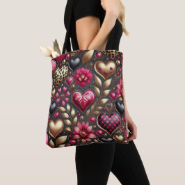 BOLSA TOTE CORAÇÕES DE AMOR DOURADO DO DIA DE OS NAMORADOS DE