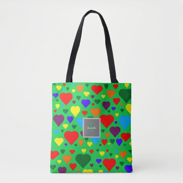 Bolsa Tote Corações de Amor em Verde (Frente)