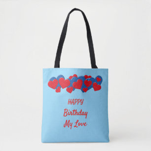 Bolsa Tote Corações de Amor Vermelho e Azul sobre fundo azul