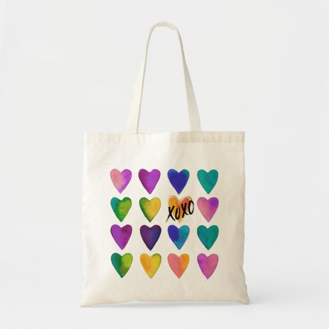 Bolsa Tote Corações de Aquarela com XOXO (Frente)