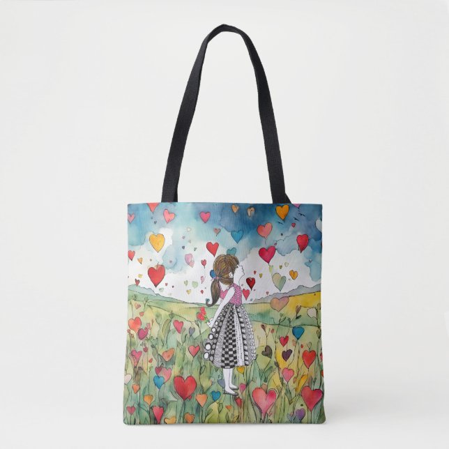 Bolsa Tote Corações de Aquarela e Menina (Frente)