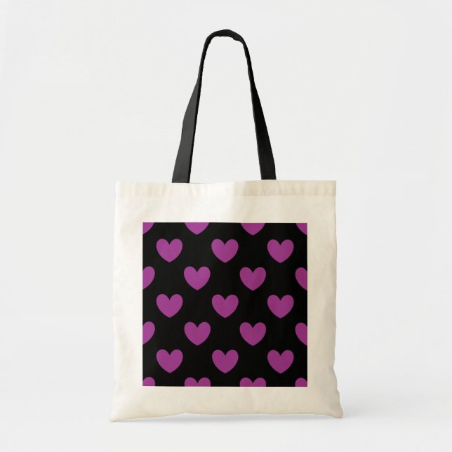 Bolsa Tote Corações de bolinhas roxos em preto (Frente)