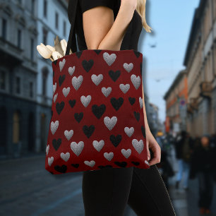 Bolsa Tote Corações de Brilho Prata e Preto no Burgundy no Di