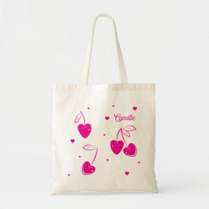 Bolsa Tote Corações de Cereja Rosa Forma Divertida e Fofa Nom