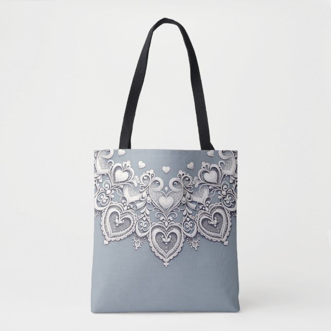 Bolsa Tote Corações de Renda Branca Charme Romântico Elegante (Frente)