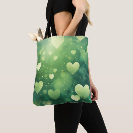 BOLSA TOTE CORAÇÕES DE VALENTIM AQUARELADOS VERDES E BRANCOS