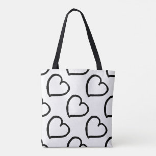 Bolsa Tote Corações desenhados à mão preto em branco