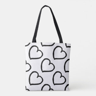 Bolsa Tote Corações desenhados à mão preto em branco