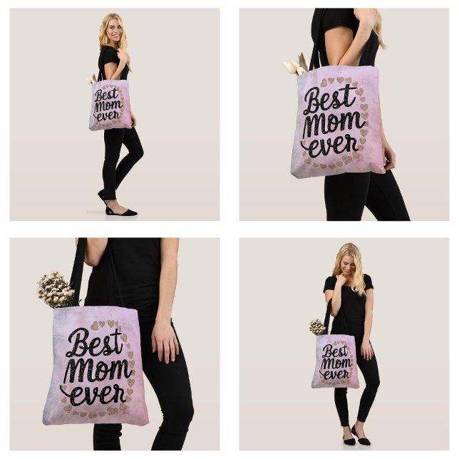 Bolsa Tote Corações Dourados Script Moderno Melhor Mãe do Mun (Golden Hearts Trendy Script Best Mom Ever Modern Tote Bag
)