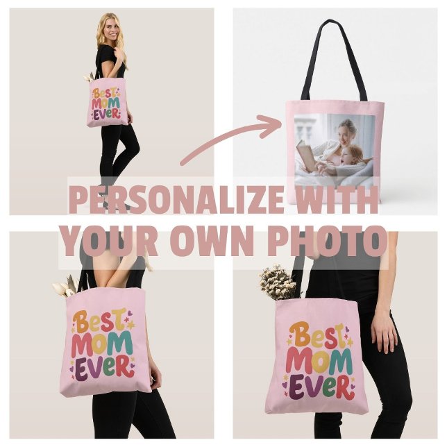Bolsa Tote Corações e Estrelas Melhor Mãe Nunca (personalize own photo Hearts and Stars Best Mom Ever tote bags)