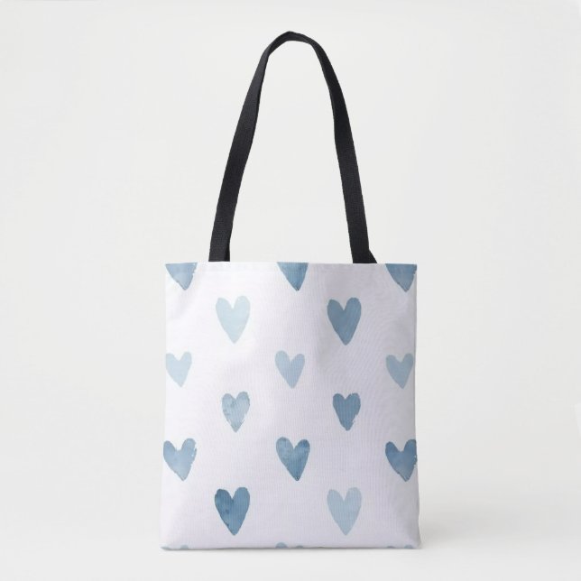 Bolsa Tote Corações em Aquarela Azul  (Frente)
