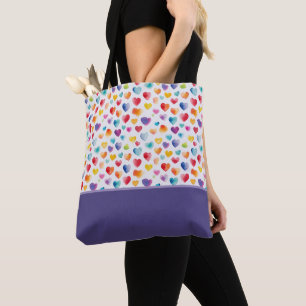 Bolsa Tote Corações em Estilo Aquarela com Cores do Arco-íris