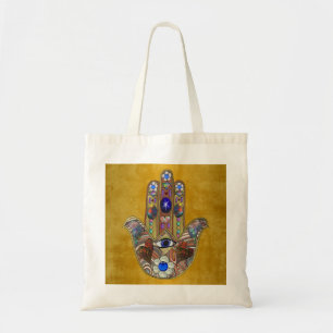 Bolsa Tote Corações Hamsa Flores Opala Arte em Ouro