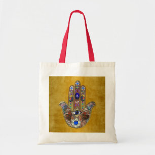 Bolsa Tote Corações Hamsa Flores Opala Arte em Ouro