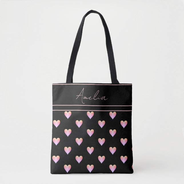 Bolsa Tote Corações Modernos - Padrão Preto Cor-de-Rosa Perso (Frente)