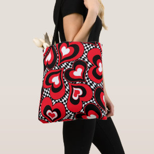 Bolsa Tote Corações, preto, vermelho e branco.