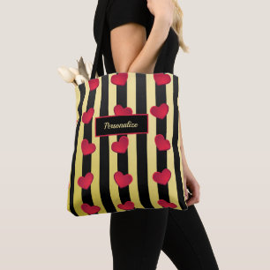 Bolsa Tote Corações Românticos, Black & Dourado Stripes Perso