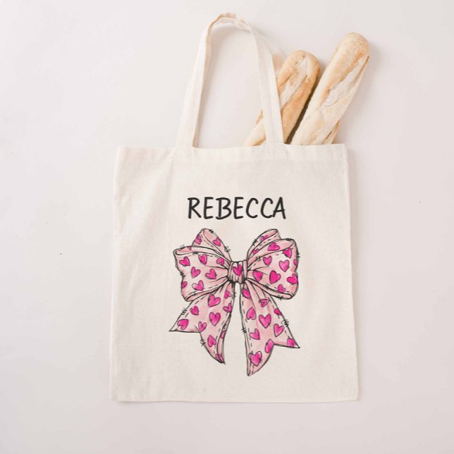 Bolsa Tote Corações Rosa Quentes do Arco Coquette (Hot Pink Bow Reusable Bag)
