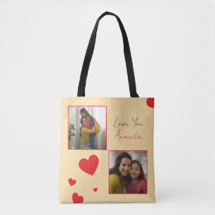 Bolsa Tote Corações Vermelhos Modernos Colagem de Fotos Irmão