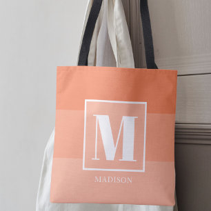 Bolsa Tote Coral Color Blocks Nome do Monograma Personalizado