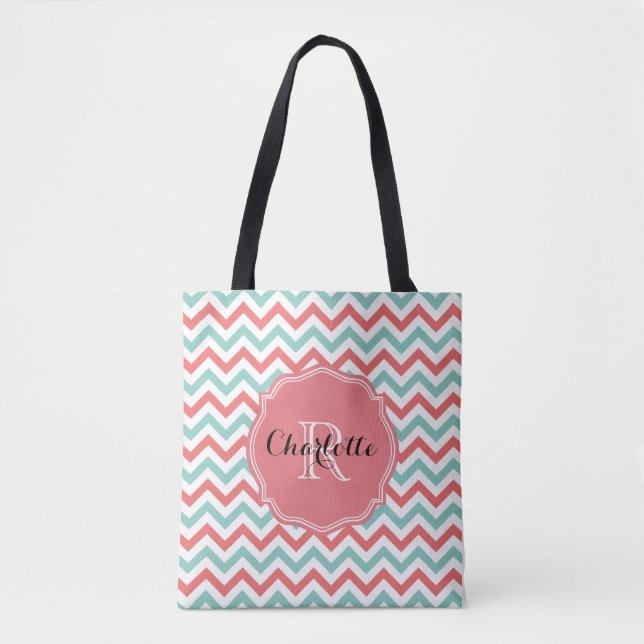 Bolsa Tote Coral de Chevron e nome do costume do Aqua (Frente)