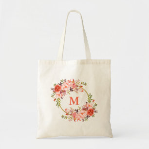Bolsa Tote Coral de Cores Aquáticas, Verso Floral, Monograma