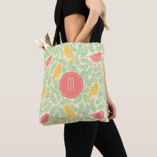 Bolsa Tote Coral e monograma Dourado dos pássaros do
