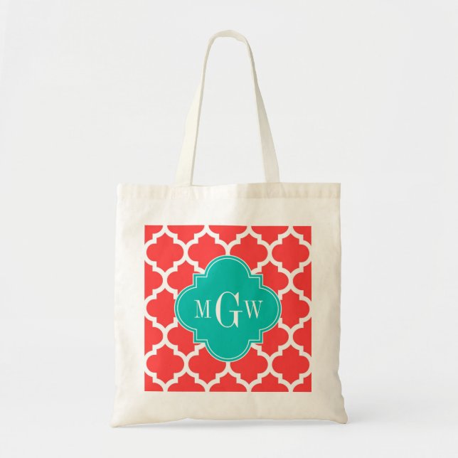 Bolsa Tote Coral Red What Marroquino #5 Teal 3 Monograma Inic (Frente)