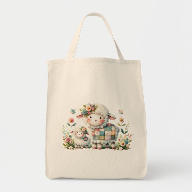 Bolsa Tote Corderinhos Fofos com Acentos Florais e Patchwork (Frente)