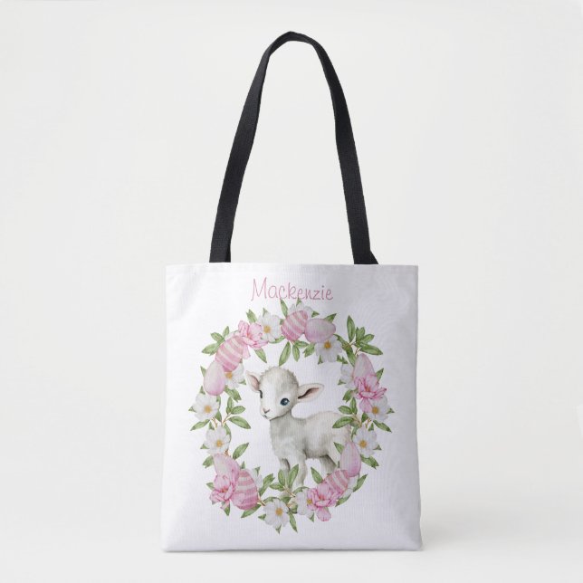 Bolsa Tote Cordero de Páscoa em Aquarela Personalizado (Frente)