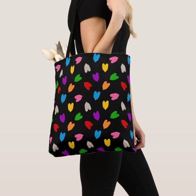 Bolsa Tote Cores Amor Corações Padrão Design Preto  (Close Up)
