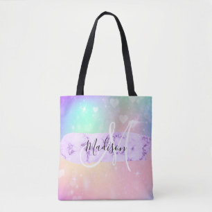 Bolsa Tote Cores Coloridas de Unicórnio Corações Arco-Íris Mo