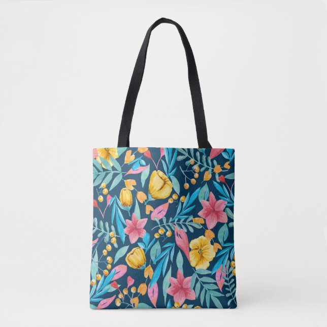 Bolsa Tote Cores de água botânica: flores, folhas, ornamento. (Frente)