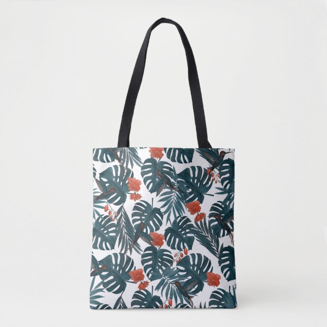Bolsa Tote Cores de água tropicais, folhas, flores, beija-flo (Frente)