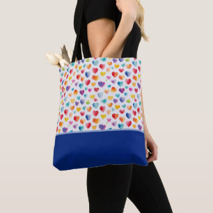 Bolsa Tote Cores de Arco-íris Corações em Estilo Aquarela Blo