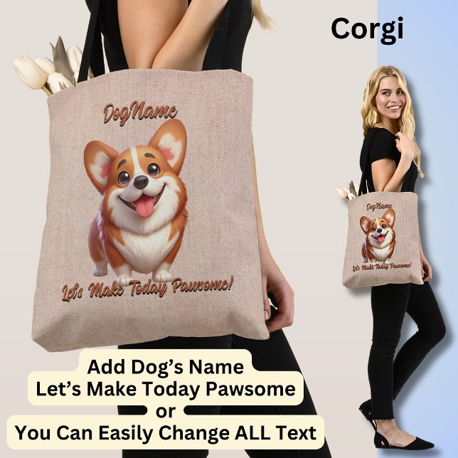 Bolsa Tote Corgi - Adicionar Nome do Cachorro, Alterar Texto (Criador carregado)
